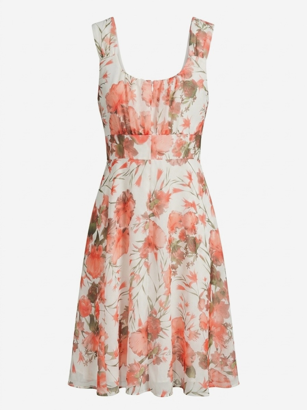 Coral Floral Scoop-Neck Midi Dress in Cream